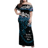 New Zealand Matariki Family Matching Off Shoulder Maxi Dress and Hawaiian Shirt Maori New Year Silver Fern And Lizard - Turquosie