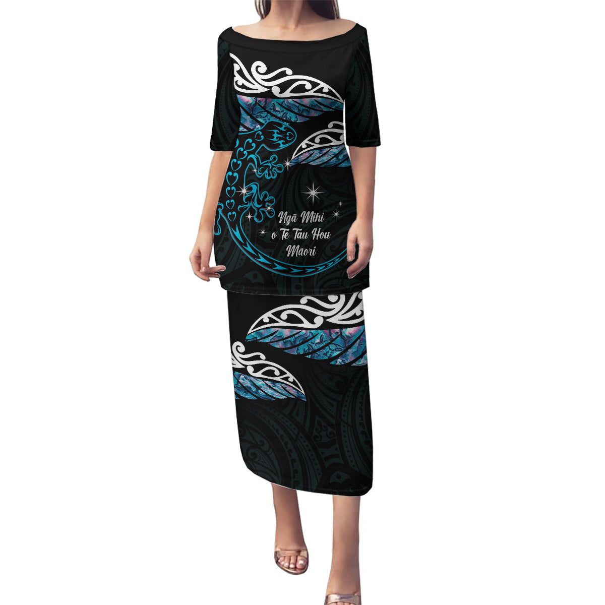 New Zealand Matariki Family Matching Puletasi and Hawaiian Shirt Maori New Year Silver Fern And Lizard - Turquosie