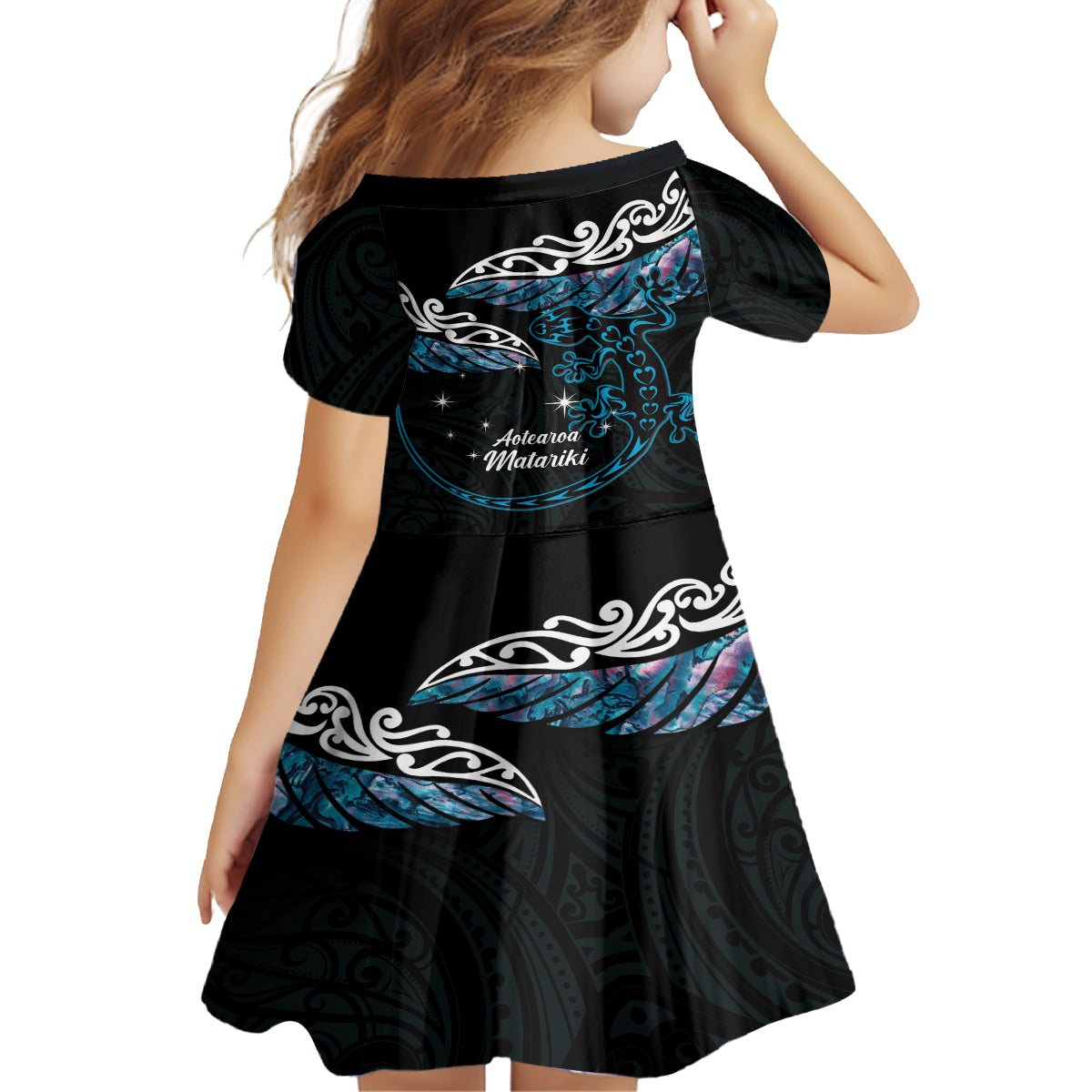 New Zealand Matariki Kid Short Sleeve Dress Maori New Year Silver Fern And Lizard - Turquosie LT14 - Polynesian Pride