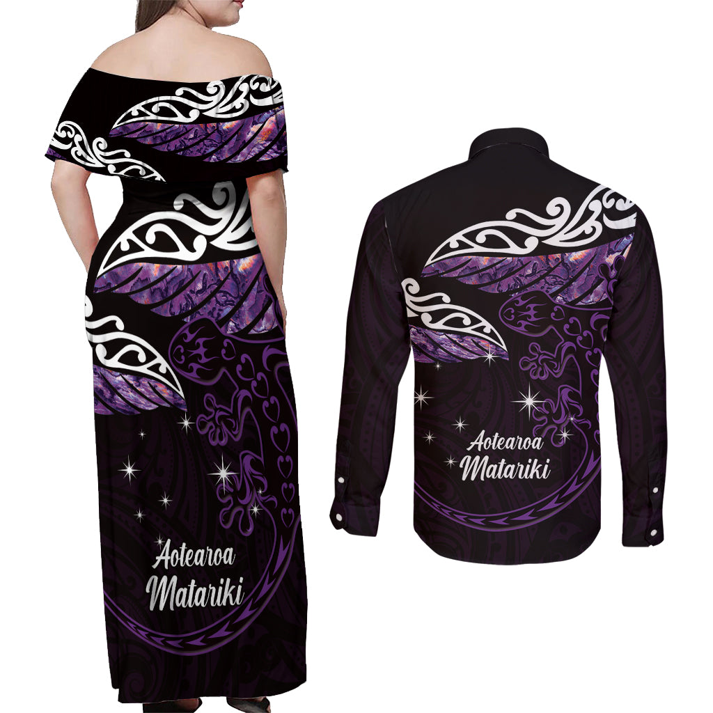 New Zealand Matariki Couples Matching Off Shoulder Maxi Dress and Long Sleeve Button Shirt Maori New Year Silver Fern And Lizard - Purple