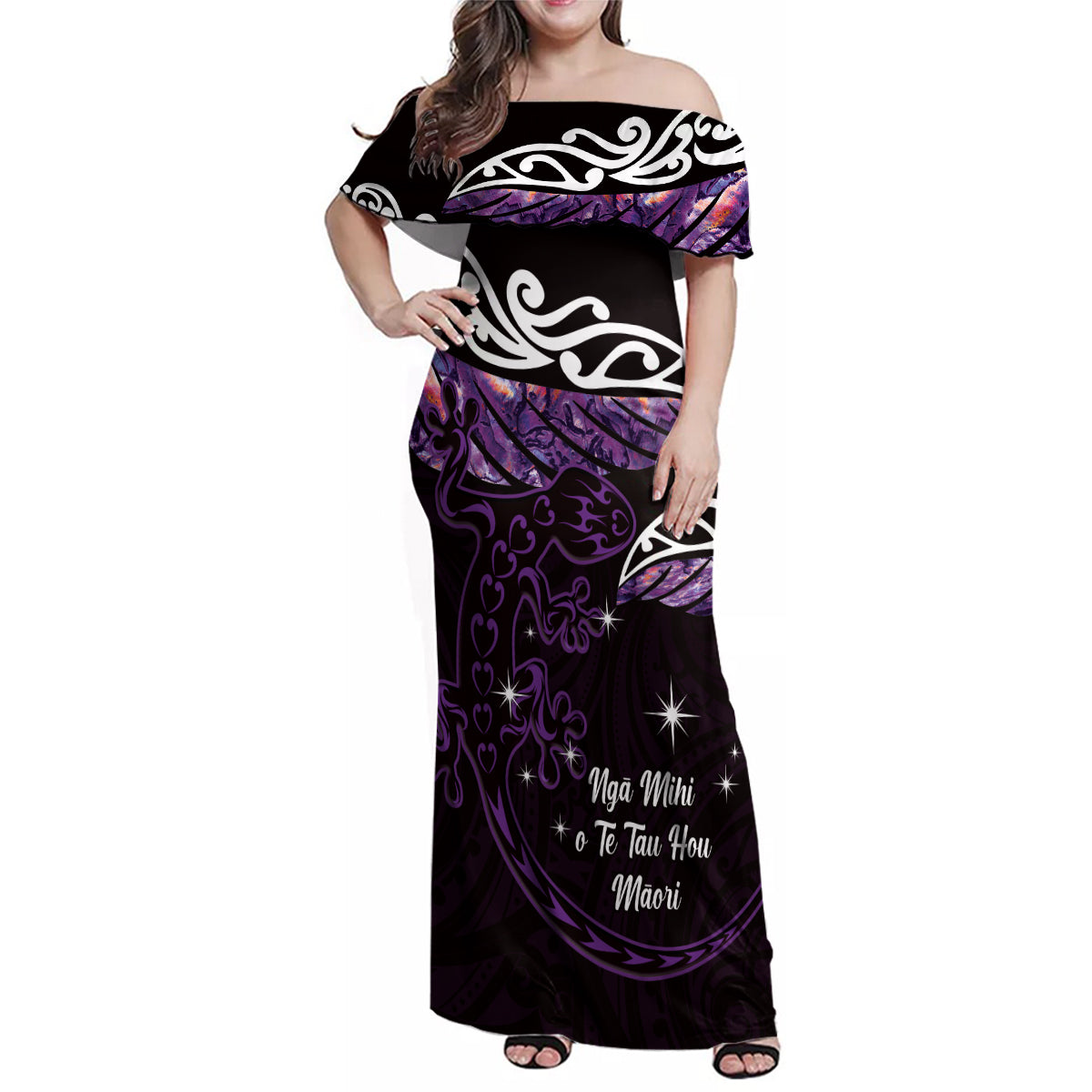 New Zealand Matariki Family Matching Off Shoulder Maxi Dress and Hawaiian Shirt Maori New Year Silver Fern And Lizard - Purple