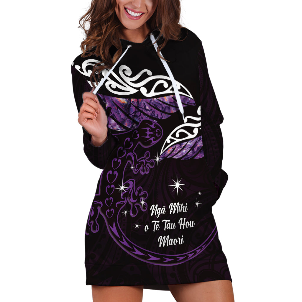 New Zealand Matariki Hoodie Dress Maori New Year Silver Fern And Lizard - Purple