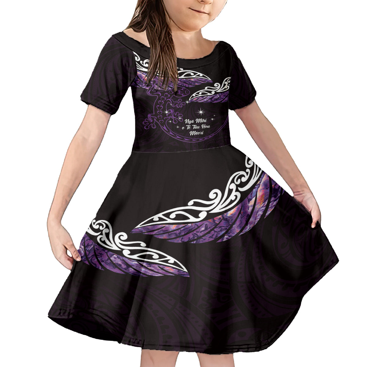 New Zealand Matariki Kid Short Sleeve Dress Maori New Year Silver Fern And Lizard - Purple LT14 KID Purple - Polynesian Pride