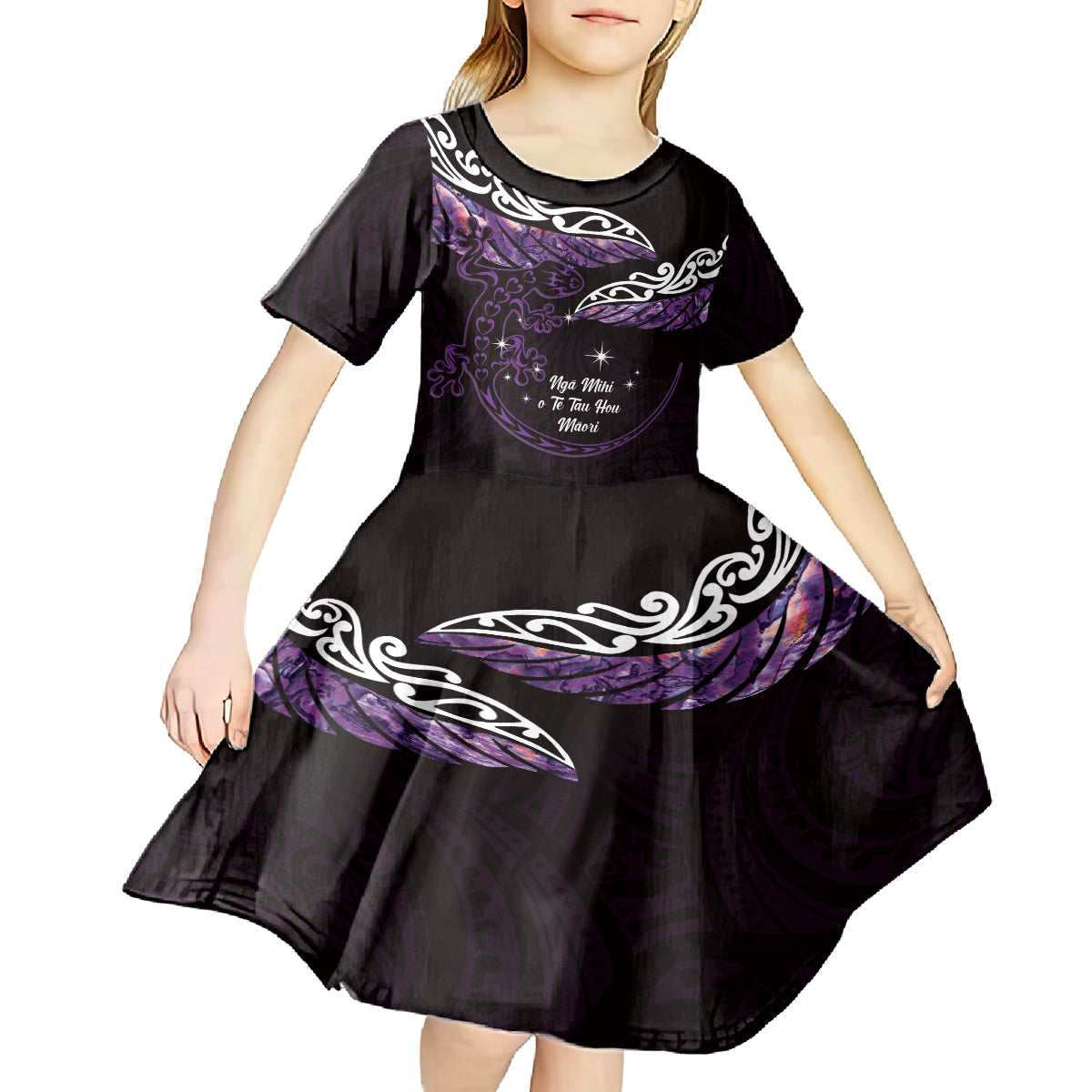 New Zealand Matariki Kid Short Sleeve Dress Maori New Year Silver Fern And Lizard - Purple LT14 - Polynesian Pride