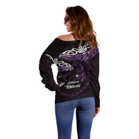 New Zealand Matariki Off Shoulder Sweater Maori New Year Silver Fern And Lizard - Purple