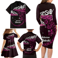 New Zealand Matariki Family Matching Long Sleeve Bodycon Dress and Hawaiian Shirt Maori New Year Silver Fern And Lizard - Pink