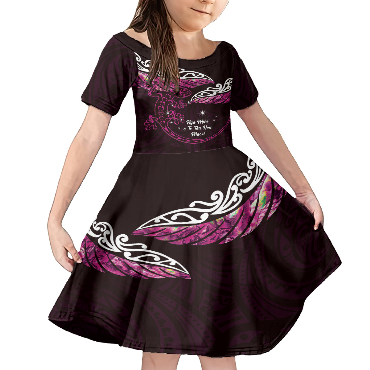 New Zealand Matariki Kid Short Sleeve Dress Maori New Year Silver Fern And Lizard - Pink LT14 KID Pink - Polynesian Pride