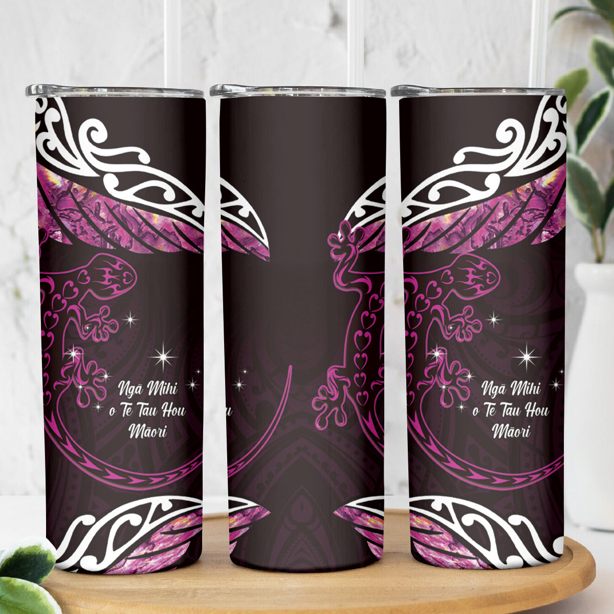 New Zealand Matariki Skinny Tumbler Maori New Year Silver Fern And Lizard - Pink