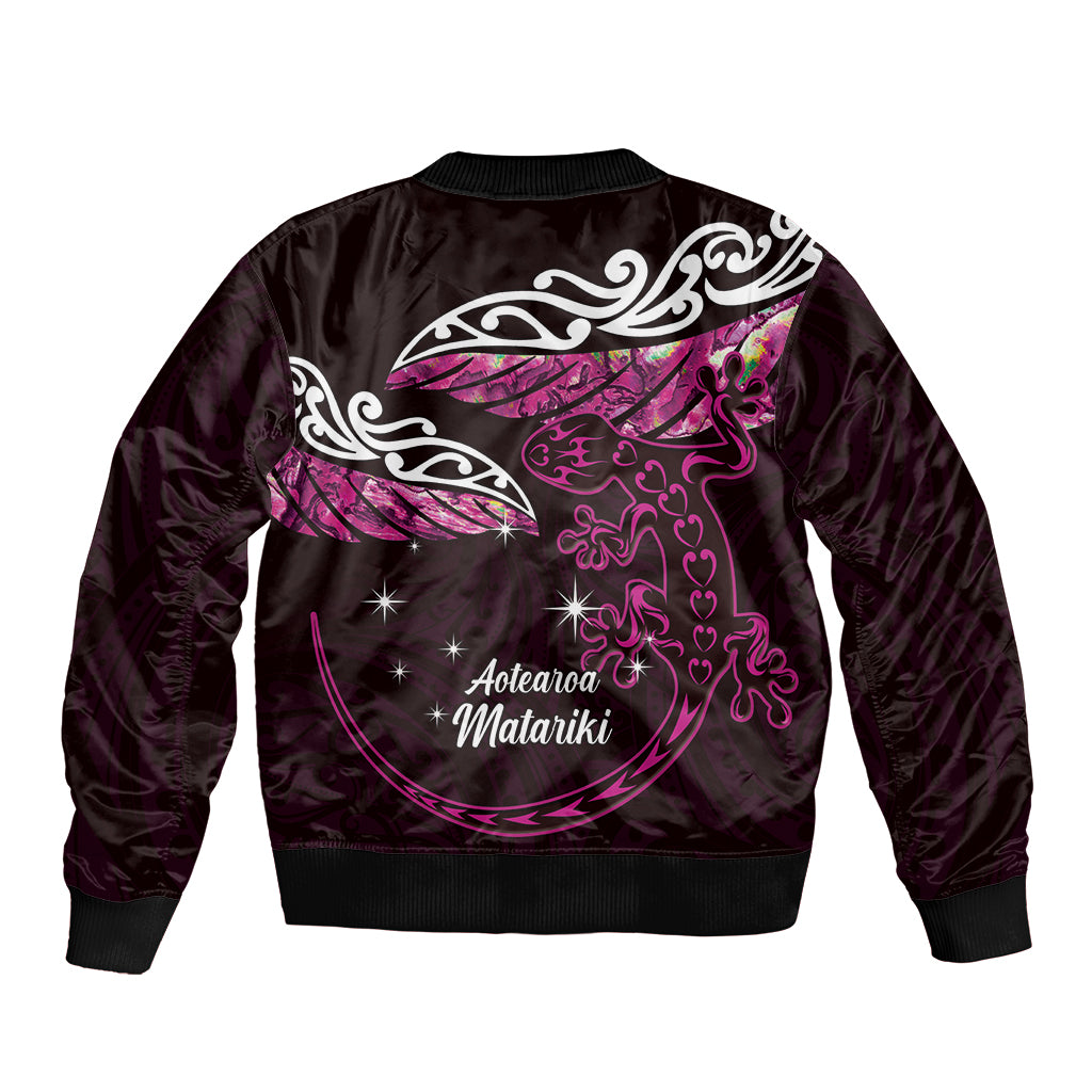 New Zealand Matariki Sleeve Zip Bomber Jacket Maori New Year Silver Fern And Lizard - Pink