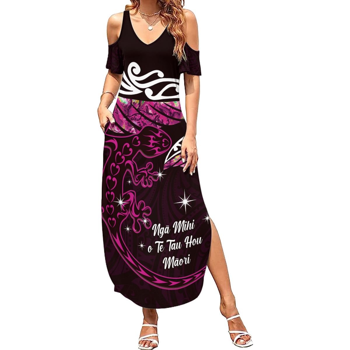 New Zealand Matariki Summer Maxi Dress Maori New Year Silver Fern And Lizard - Pink