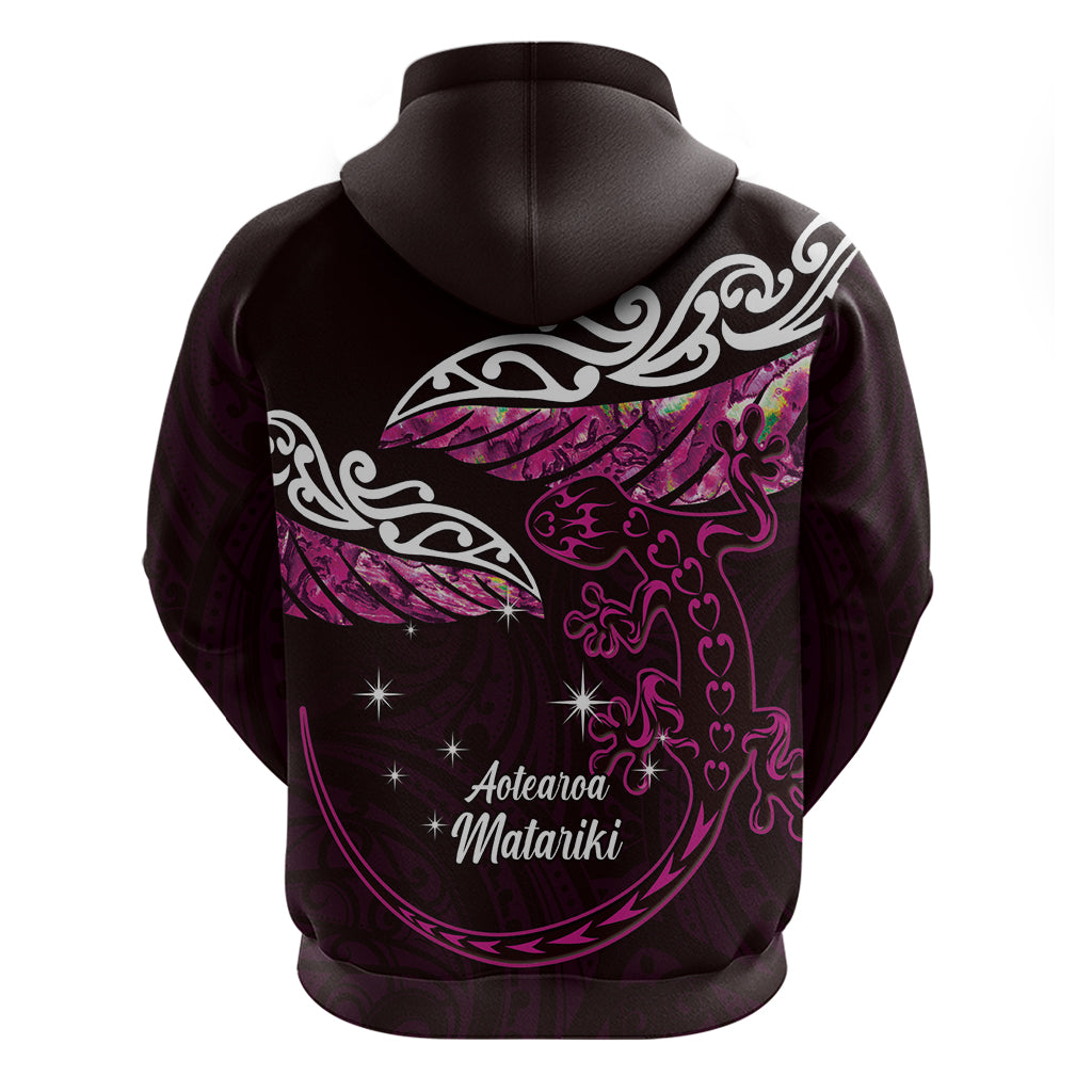 New Zealand Matariki Zip Hoodie Maori New Year Silver Fern And Lizard - Pink