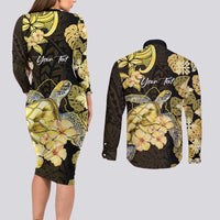 Personalised Aloha Hawaii Oahu Island Couples Matching Long Sleeve Bodycon Dress and Long Sleeve Button Shirt Gathering Place Sea Turtle Ilima Flowers