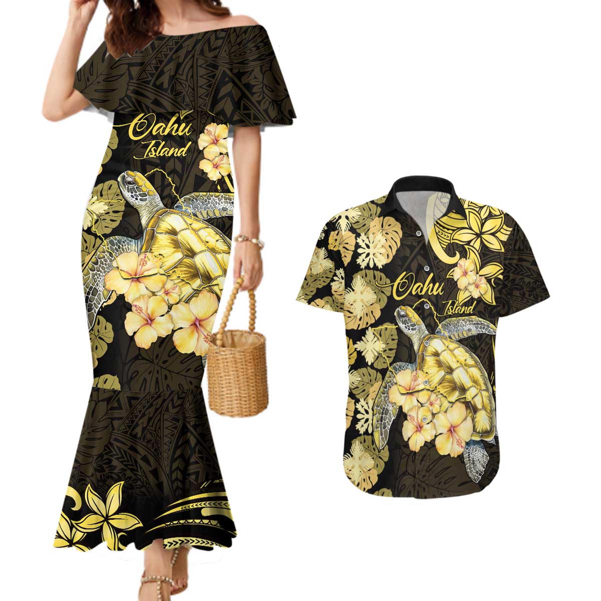 Personalised Aloha Hawaii Oahu Island Couples Matching Mermaid Dress and Hawaiian Shirt Gathering Place Sea Turtle Ilima Flowers