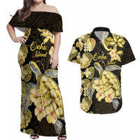 Personalised Aloha Hawaii Oahu Island Couples Matching Off Shoulder Maxi Dress and Hawaiian Shirt Gathering Place Sea Turtle Ilima Flowers