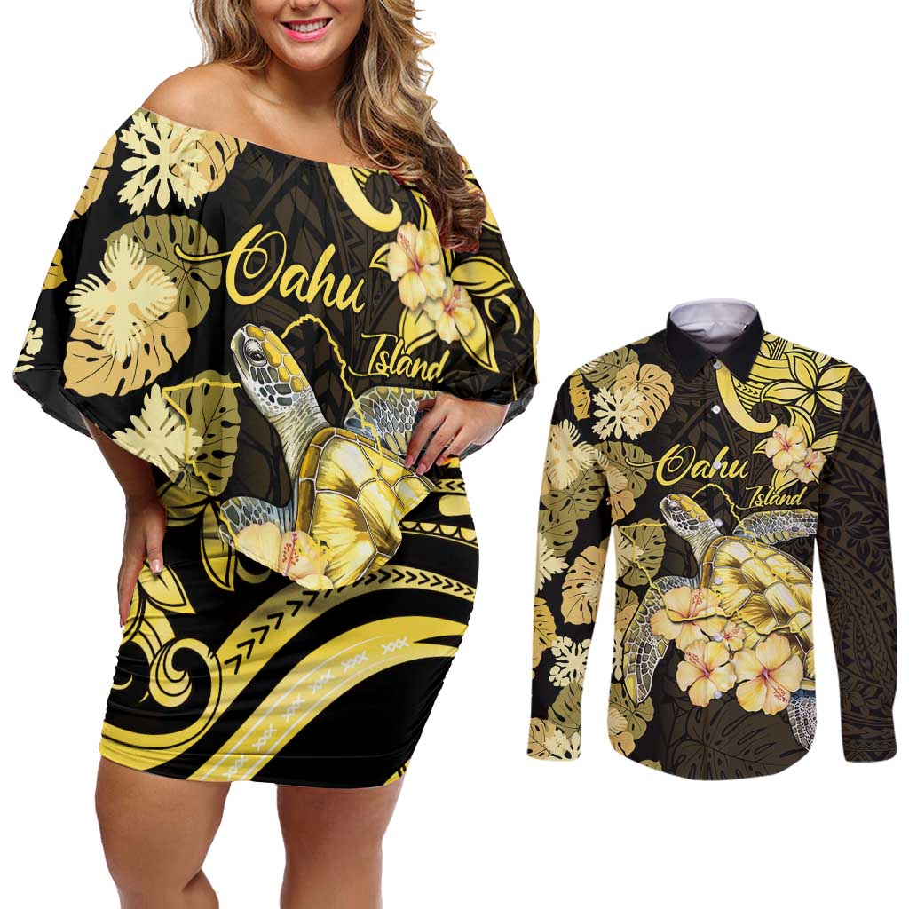 Personalised Aloha Hawaii Oahu Island Couples Matching Off Shoulder Short Dress and Long Sleeve Button Shirt Gathering Place Sea Turtle Ilima Flowers