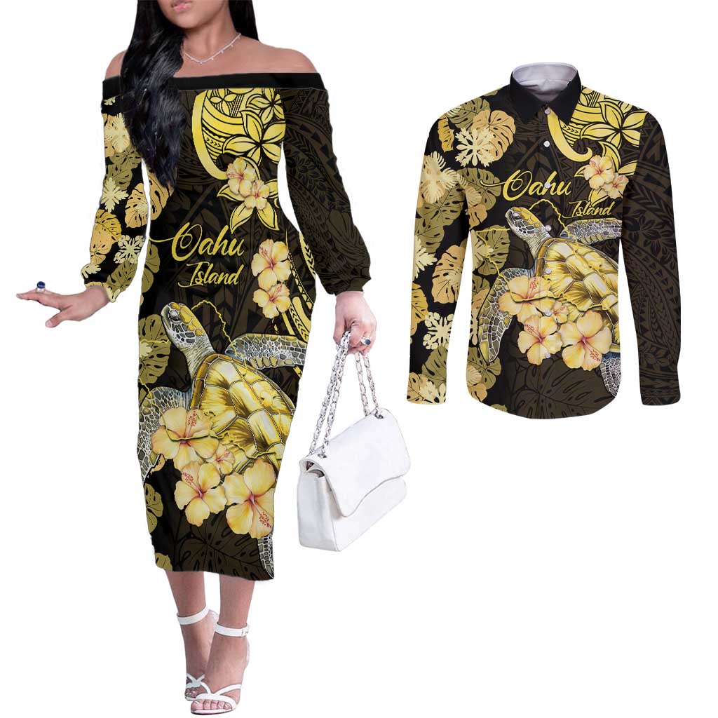 Personalised Aloha Hawaii Oahu Island Couples Matching Off The Shoulder Long Sleeve Dress and Long Sleeve Button Shirt Gathering Place Sea Turtle Ilima Flowers