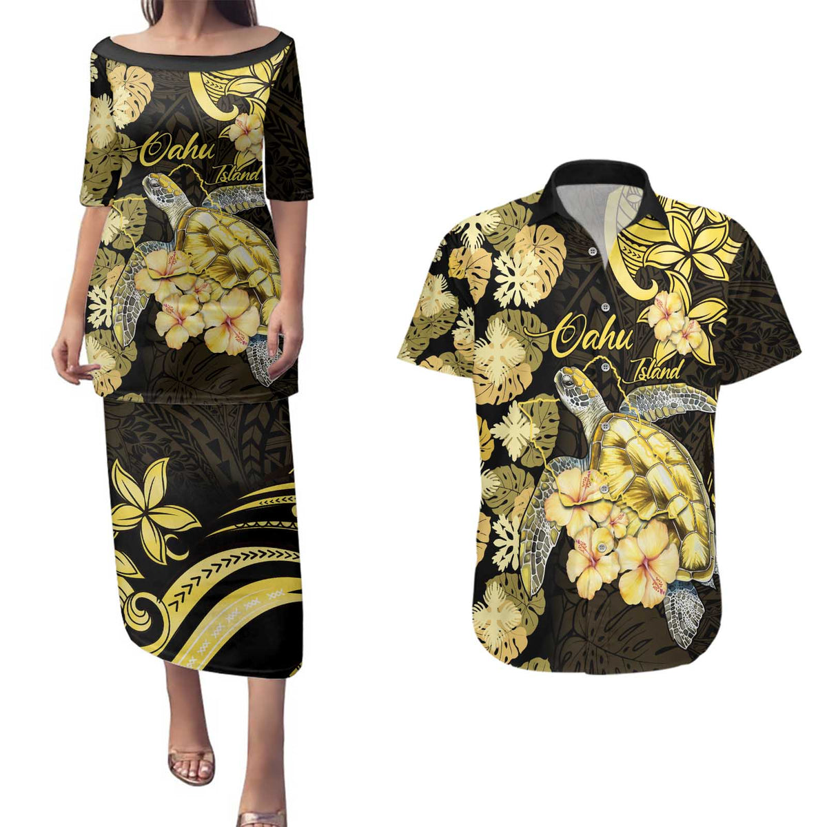 Personalised Aloha Hawaii Oahu Island Couples Matching Puletasi and Hawaiian Shirt Gathering Place Sea Turtle Ilima Flowers