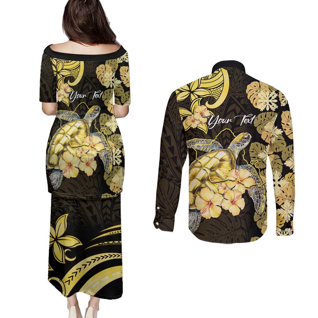 Personalised Aloha Hawaii Oahu Island Couples Matching Puletasi and Long Sleeve Button Shirt Gathering Place Sea Turtle Ilima Flowers