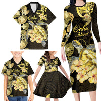 Personalised Aloha Hawaii Oahu Island Family Matching Long Sleeve Bodycon Dress and Hawaiian Shirt Gathering Place Sea Turtle Ilima Flowers