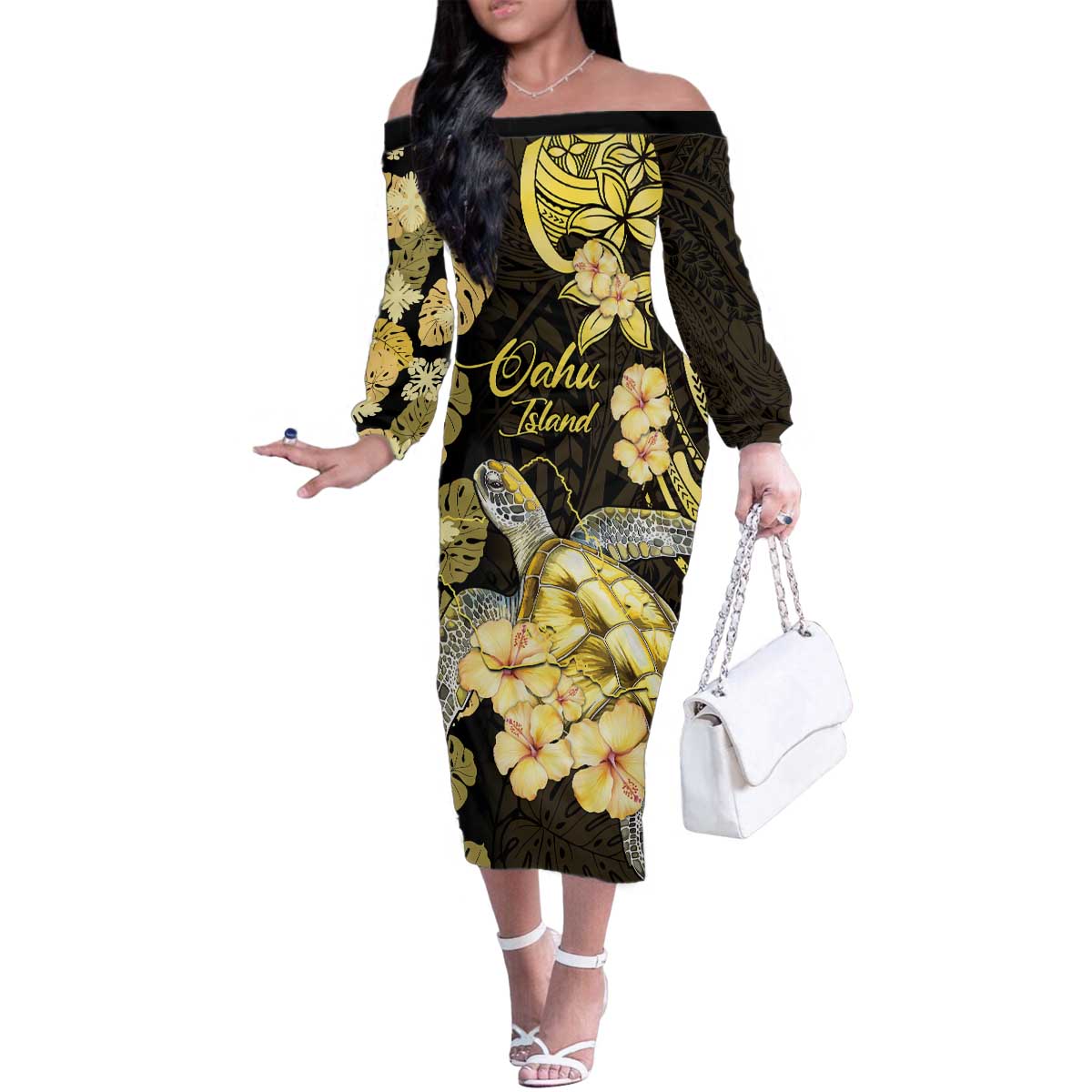 Personalised Aloha Hawaii Oahu Island Family Matching Off The Shoulder Long Sleeve Dress and Hawaiian Shirt Gathering Place Sea Turtle Ilima Flowers