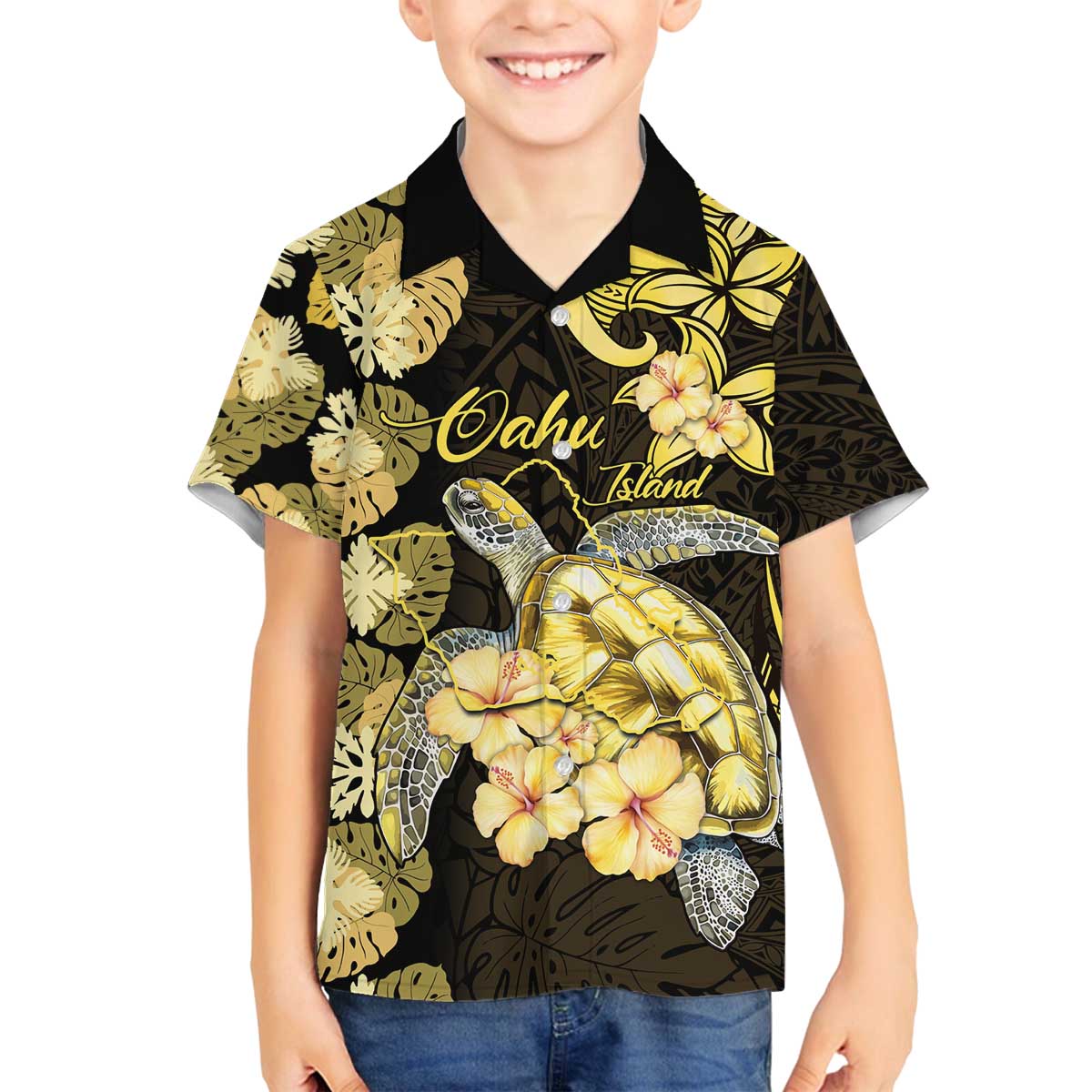 Personalised Aloha Hawaii Oahu Island Family Matching Off The Shoulder Long Sleeve Dress and Hawaiian Shirt Gathering Place Sea Turtle Ilima Flowers