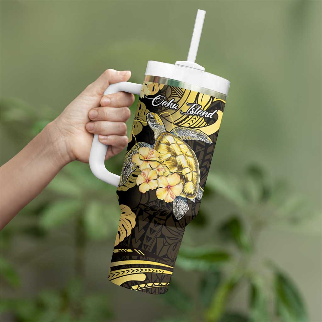 Personalised Aloha Hawaii Oahu Island Tumbler With Handle Gathering Place Sea Turtle Ilima Flowers