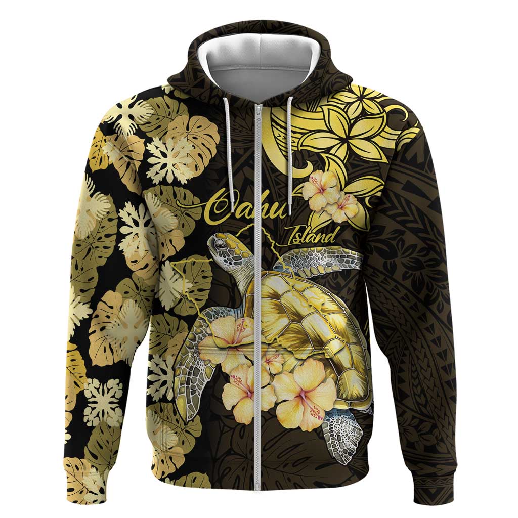 Personalised Aloha Hawaii Oahu Island Zip Hoodie Gathering Place Sea Turtle Ilima Flowers