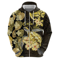 Personalised Aloha Hawaii Oahu Island Zip Hoodie Gathering Place Sea Turtle Ilima Flowers