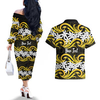 Personalised Cook Islands Aitutaki Couples Matching Off The Shoulder Long Sleeve Dress and Hawaiian Shirt Tiare Maori Polynesian Waves Tattoo LT14 - Polynesian Pride