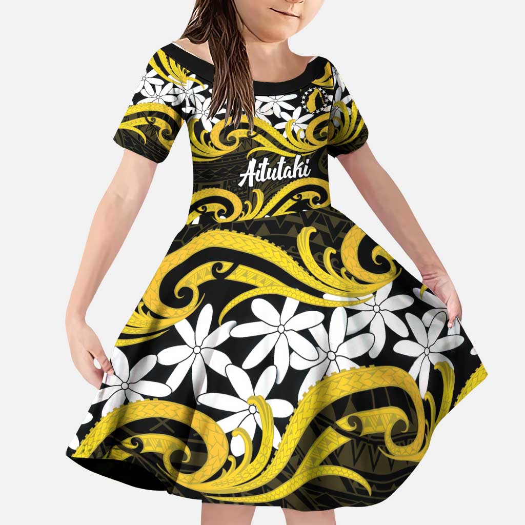 Personalised Cook Islands Aitutaki Family Matching Off Shoulder Maxi Dress and Hawaiian Shirt Tiare Maori Polynesian Waves Tattoo