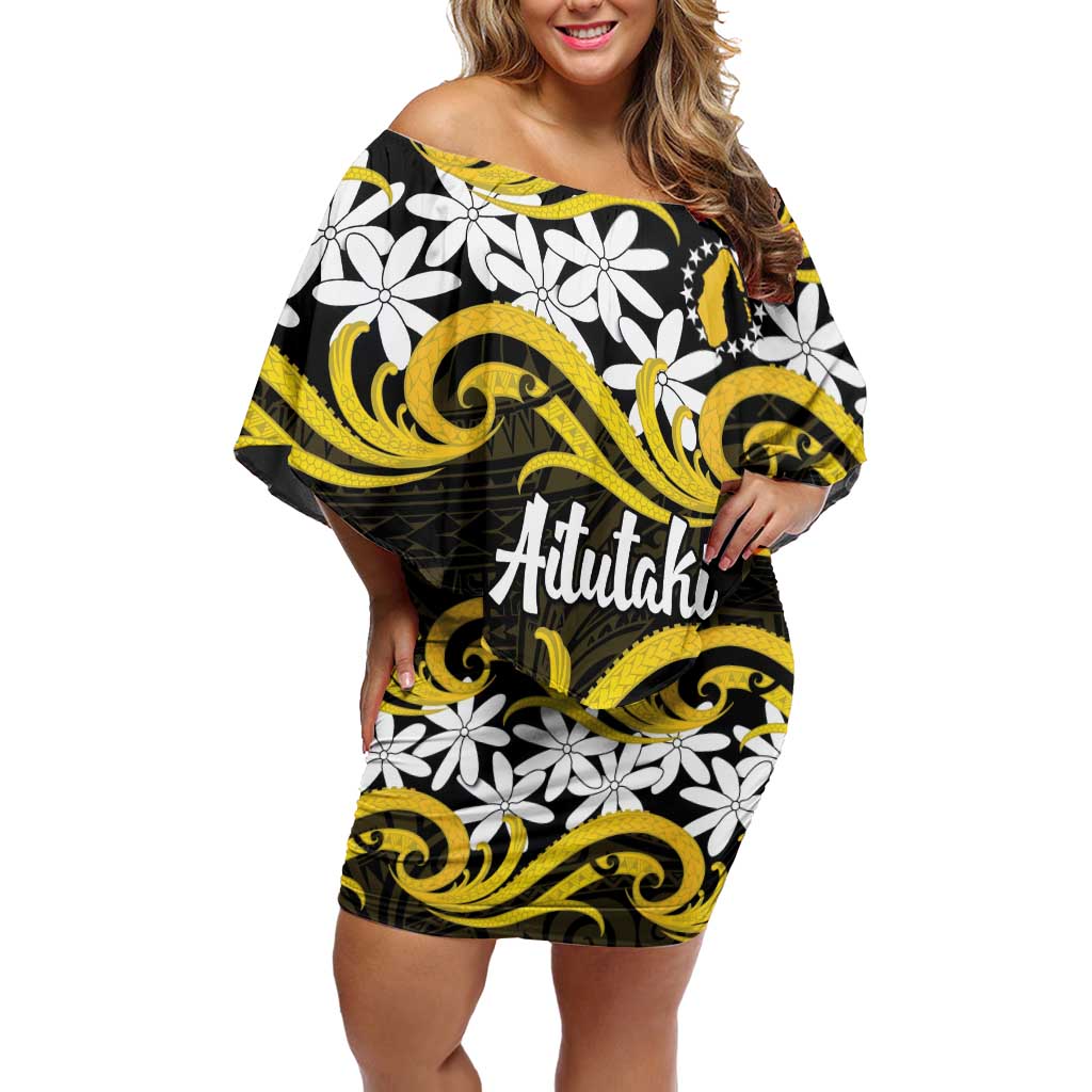 Personalised Cook Islands Aitutaki Family Matching Off Shoulder Short Dress and Hawaiian Shirt Tiare Maori Polynesian Waves Tattoo LT14 Mom's Dress Yellow - Polynesian Pride