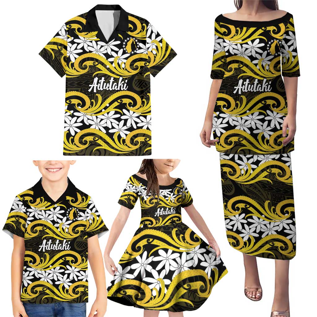 Personalised Cook Islands Aitutaki Family Matching Puletasi and Hawaiian Shirt Tiare Maori Polynesian Waves Tattoo LT14 - Polynesian Pride