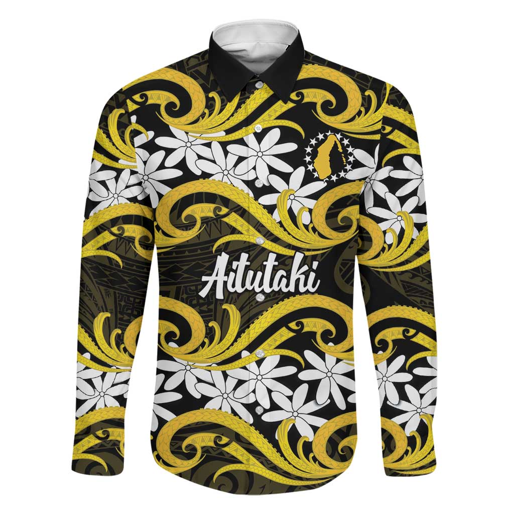 Personalised Cook Islands Aitutaki Family Matching Puletasi and Hawaiian Shirt Tiare Maori Polynesian Waves Tattoo LT14 Dad's Shirt - Long Sleeve Yellow - Polynesian Pride