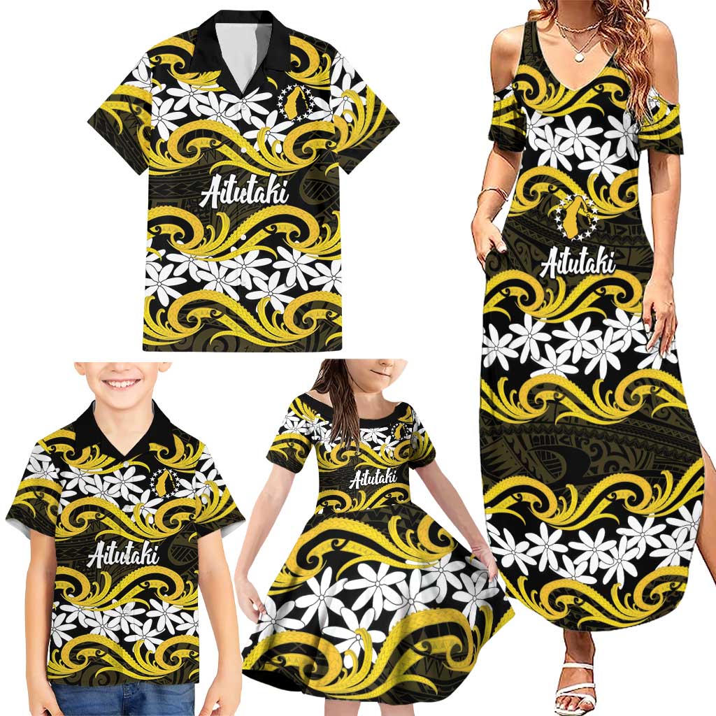 Personalised Cook Islands Aitutaki Family Matching Summer Maxi Dress and Hawaiian Shirt Tiare Maori Polynesian Waves Tattoo