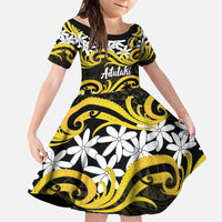 Personalised Cook Islands Aitutaki Family Matching Tank Maxi Dress and Hawaiian Shirt Tiare Maori Polynesian Waves Tattoo LT14 Daughter's Dress Yellow - Polynesian Pride