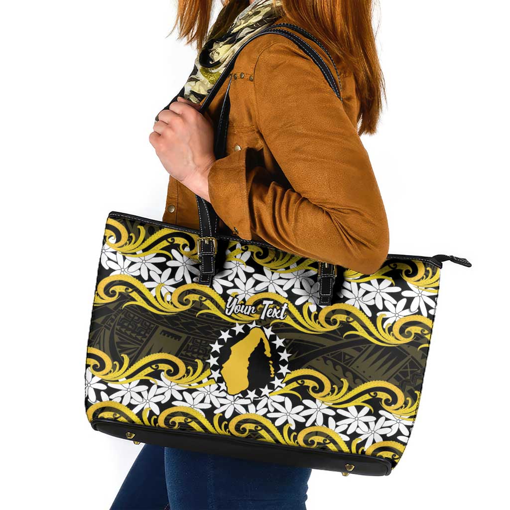 Personalised Cook Islands Aitutaki Leather Tote Bag Tiare Maori Polynesian Waves Tattoo