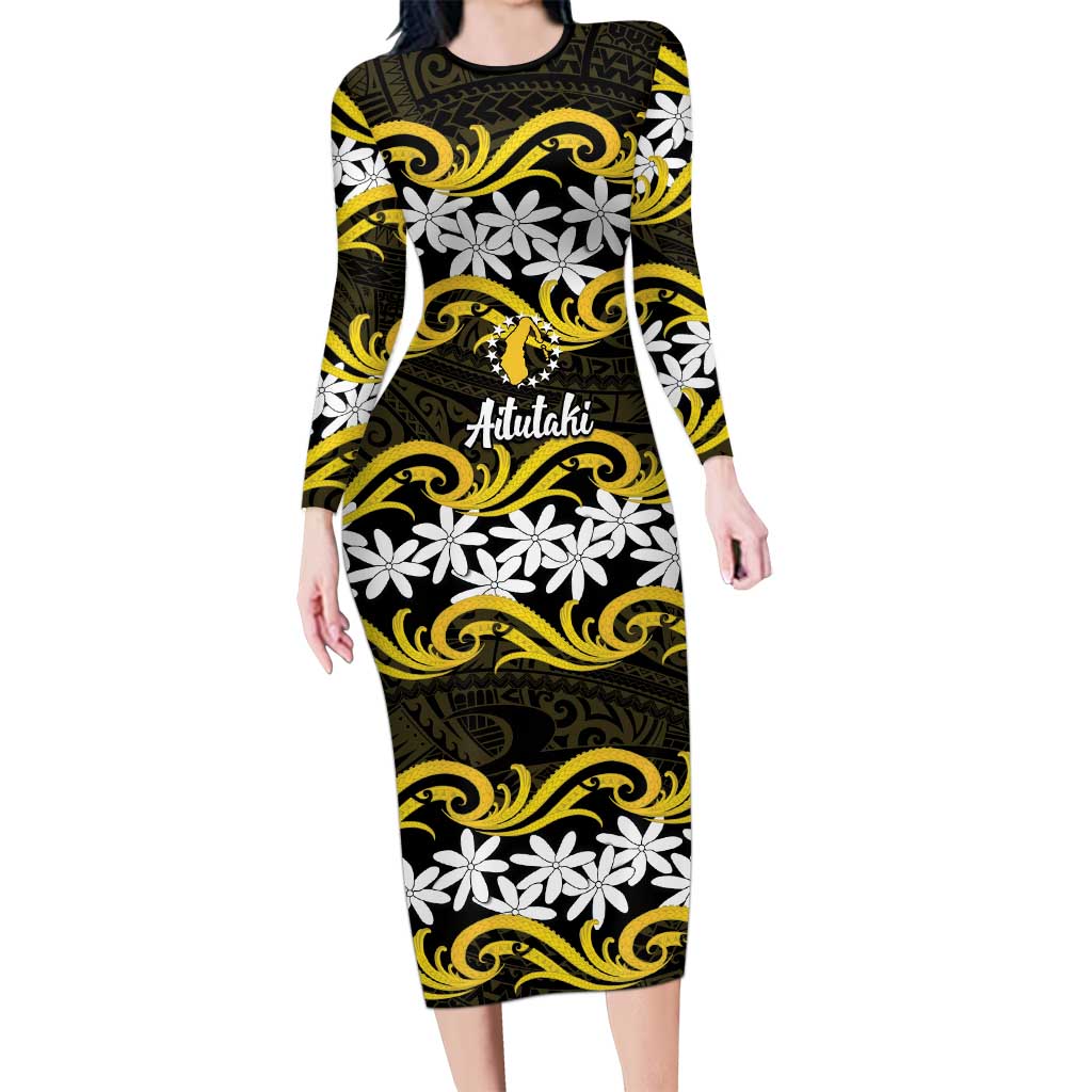 Personalised Cook Islands Aitutaki Long Sleeve Bodycon Dress Tiare Maori Polynesian Waves Tattoo