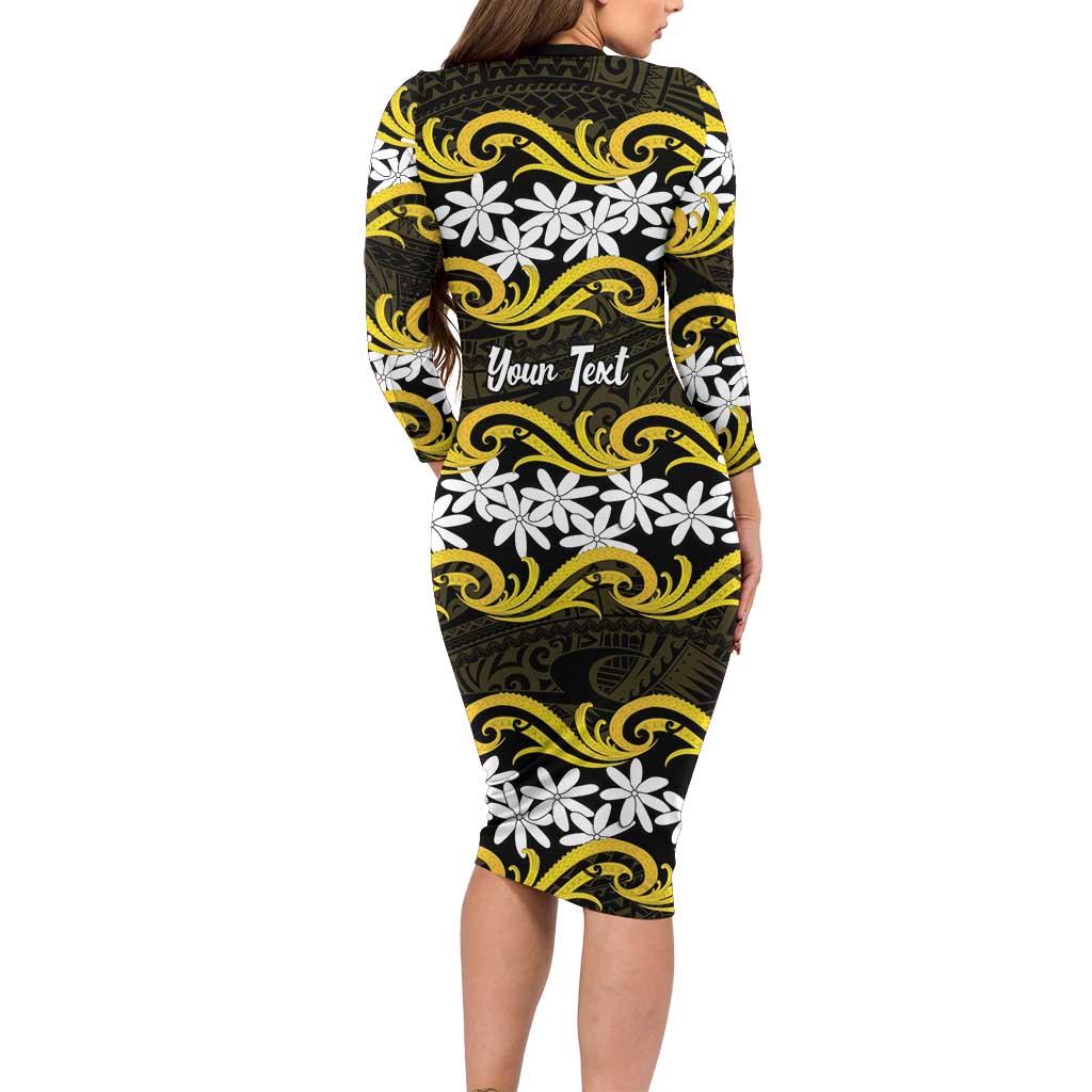 Personalised Cook Islands Aitutaki Long Sleeve Bodycon Dress Tiare Maori Polynesian Waves Tattoo