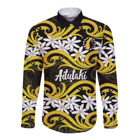 Personalised Cook Islands Aitutaki Long Sleeve Button Shirt Tiare Maori Polynesian Waves Tattoo