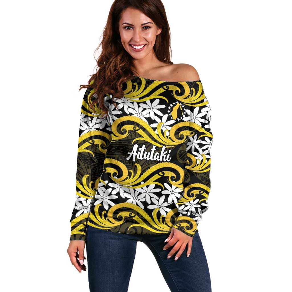 Personalised Cook Islands Aitutaki Off Shoulder Sweater Tiare Maori Polynesian Waves Tattoo