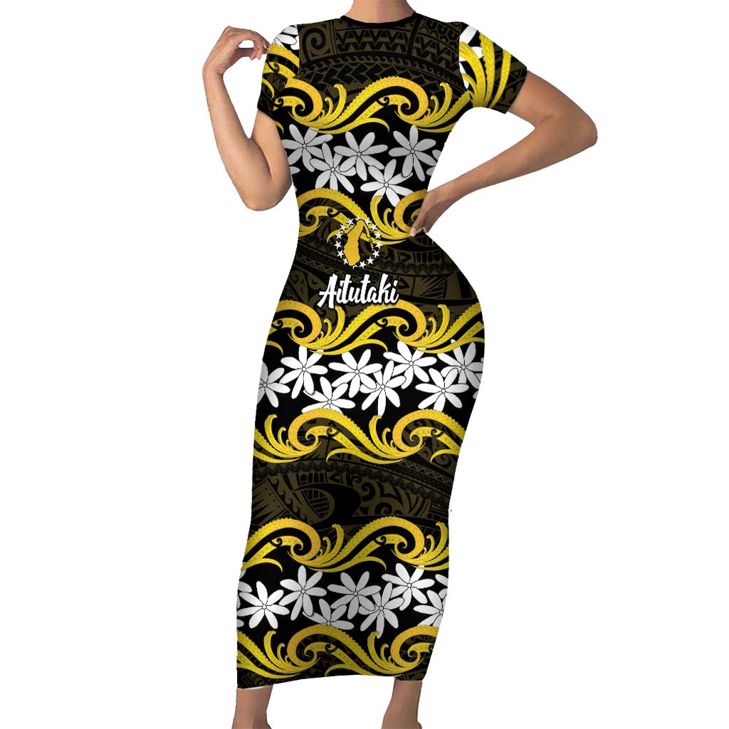 Personalised Cook Islands Aitutaki Short Sleeve Bodycon Dress Tiare Maori Polynesian Waves Tattoo