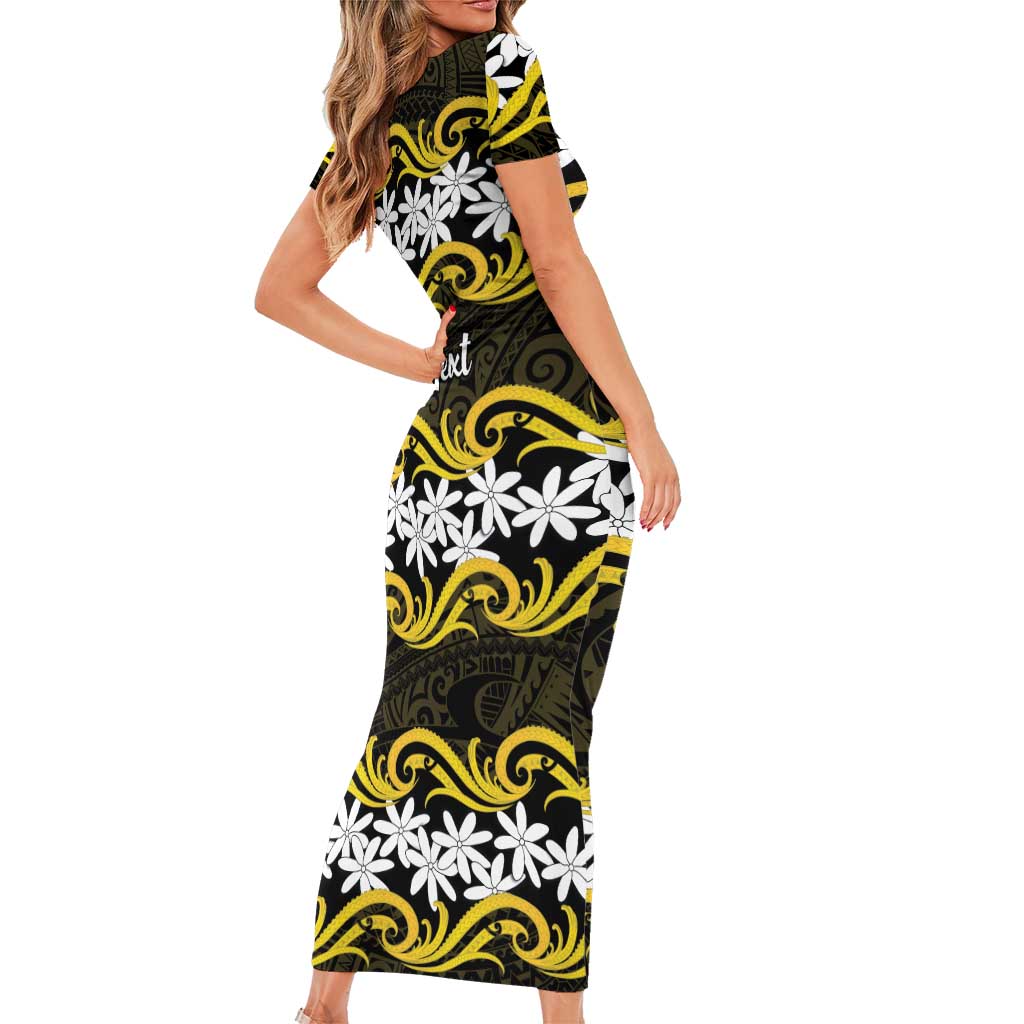 Personalised Cook Islands Aitutaki Short Sleeve Bodycon Dress Tiare Maori Polynesian Waves Tattoo