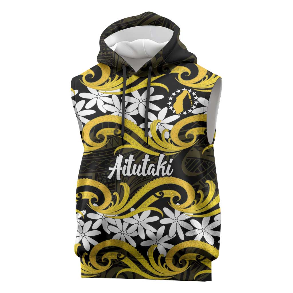 Personalised Cook Islands Aitutaki Sleeveless Hoodie Tiare Maori Polynesian Waves Tattoo