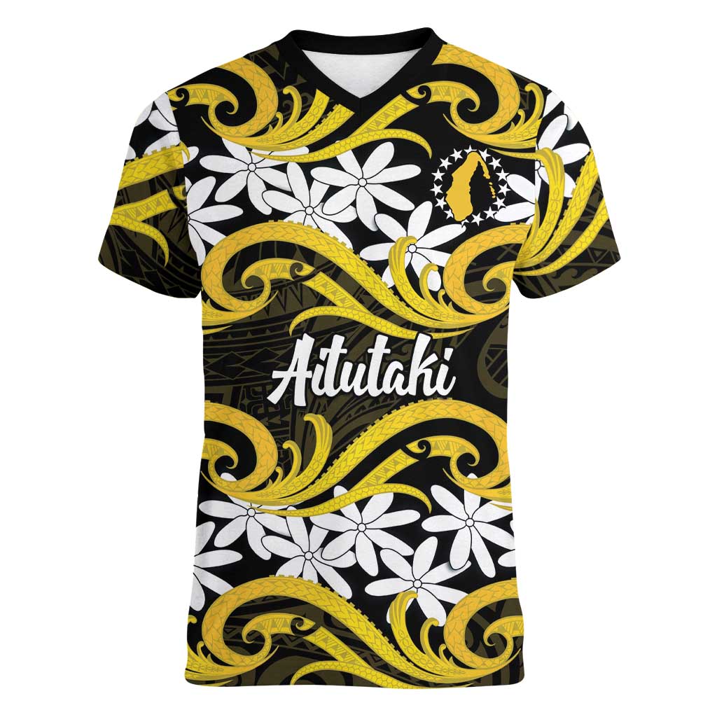 Personalised Cook Islands Aitutaki Women V-Neck T-Shirt Tiare Maori Polynesian Waves Tattoo
