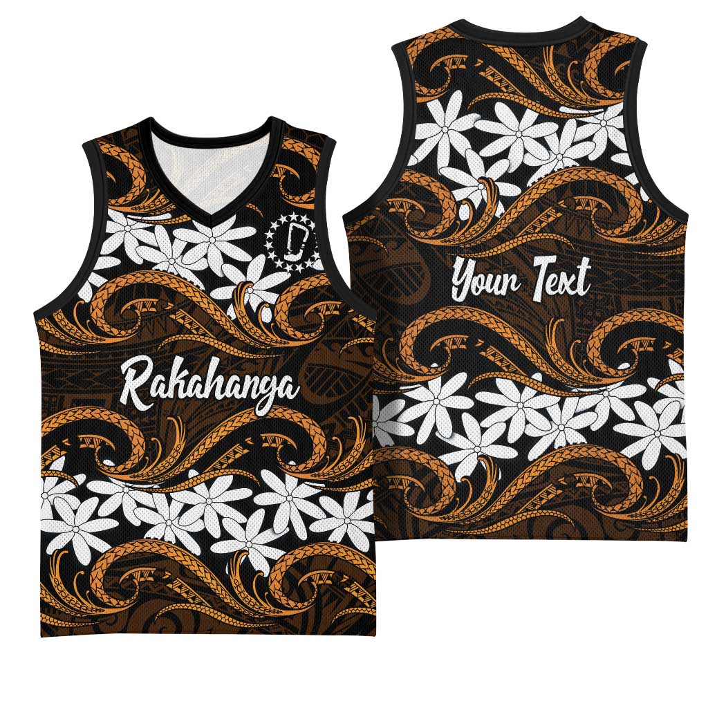 Personalised Cook Islands Rakahanga Basketball Jersey Tiare Maori Polynesian Waves Tattoo