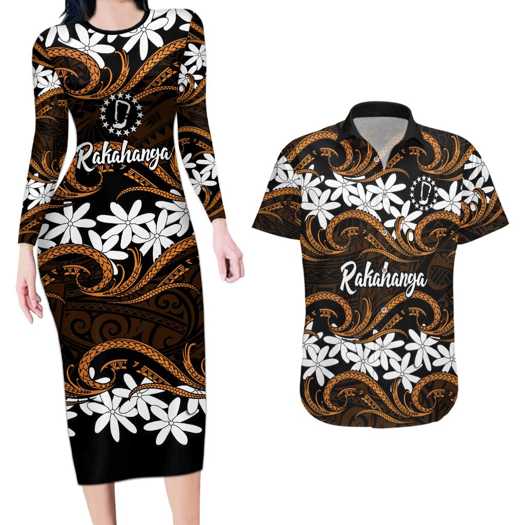 Personalised Cook Islands Rakahanga Couples Matching Long Sleeve Bodycon Dress and Hawaiian Shirt Tiare Maori Polynesian Waves Tattoo
