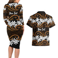 Personalised Cook Islands Rakahanga Couples Matching Long Sleeve Bodycon Dress and Hawaiian Shirt Tiare Maori Polynesian Waves Tattoo LT14 - Polynesian Pride