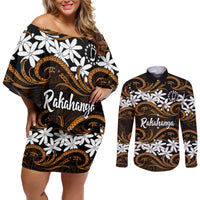 Personalised Cook Islands Rakahanga Couples Matching Off Shoulder Short Dress and Long Sleeve Button Shirt Tiare Maori Polynesian Waves Tattoo LT14 Orange - Polynesian Pride