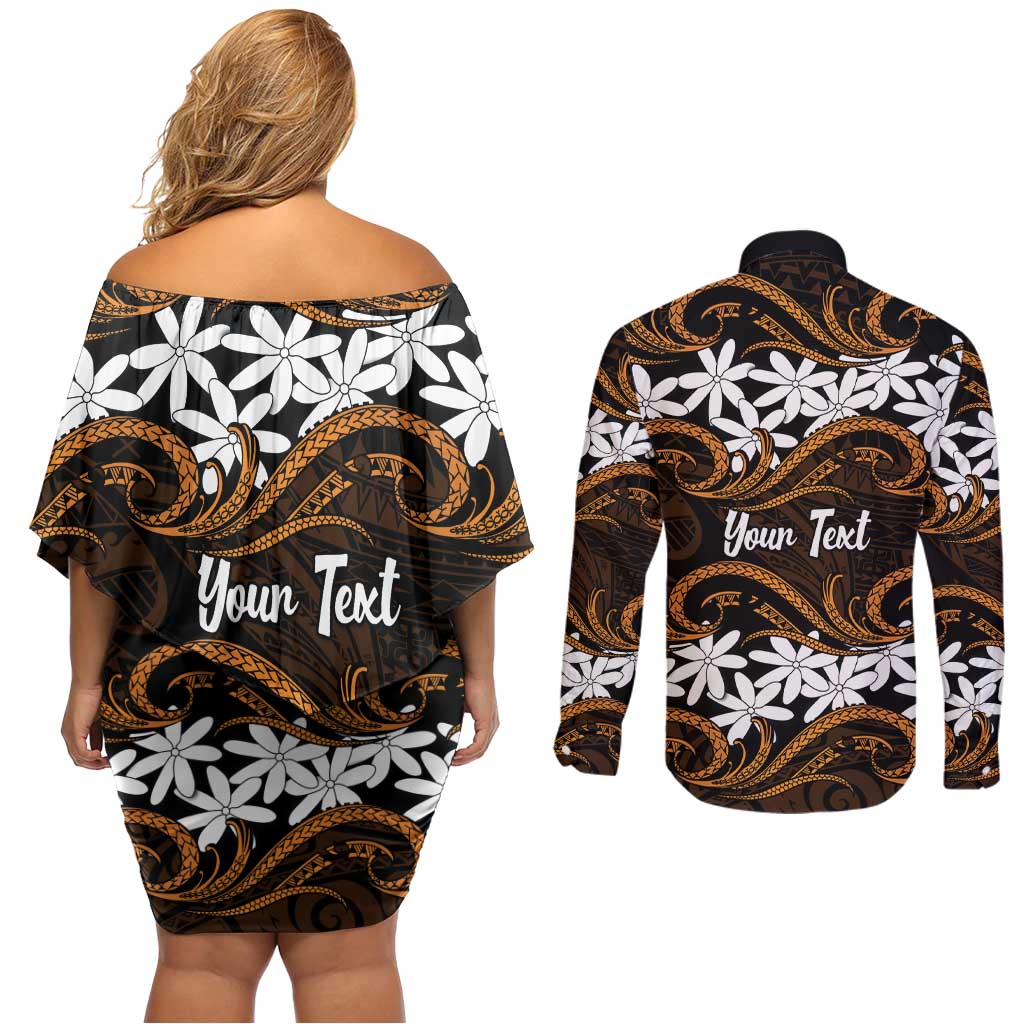 Personalised Cook Islands Rakahanga Couples Matching Off Shoulder Short Dress and Long Sleeve Button Shirt Tiare Maori Polynesian Waves Tattoo LT14 - Polynesian Pride