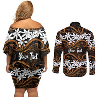 Personalised Cook Islands Rakahanga Couples Matching Off Shoulder Short Dress and Long Sleeve Button Shirt Tiare Maori Polynesian Waves Tattoo LT14 - Polynesian Pride
